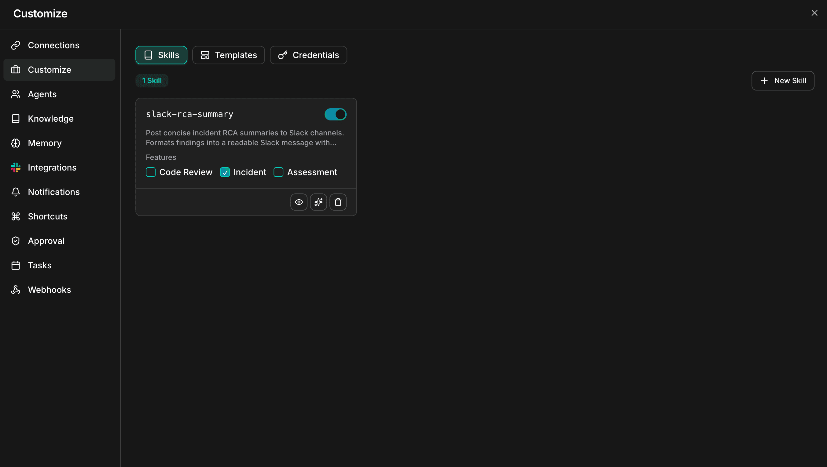 Skills overview showing Custom Workspace Skills with skill management interface
