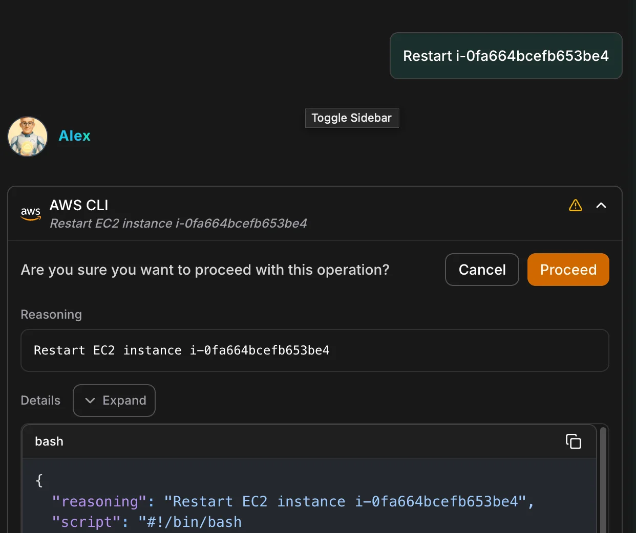 The approval gate in a chat thread: the proposed operation, the reasoning behind it, the exact script, and Cancel or Proceed.