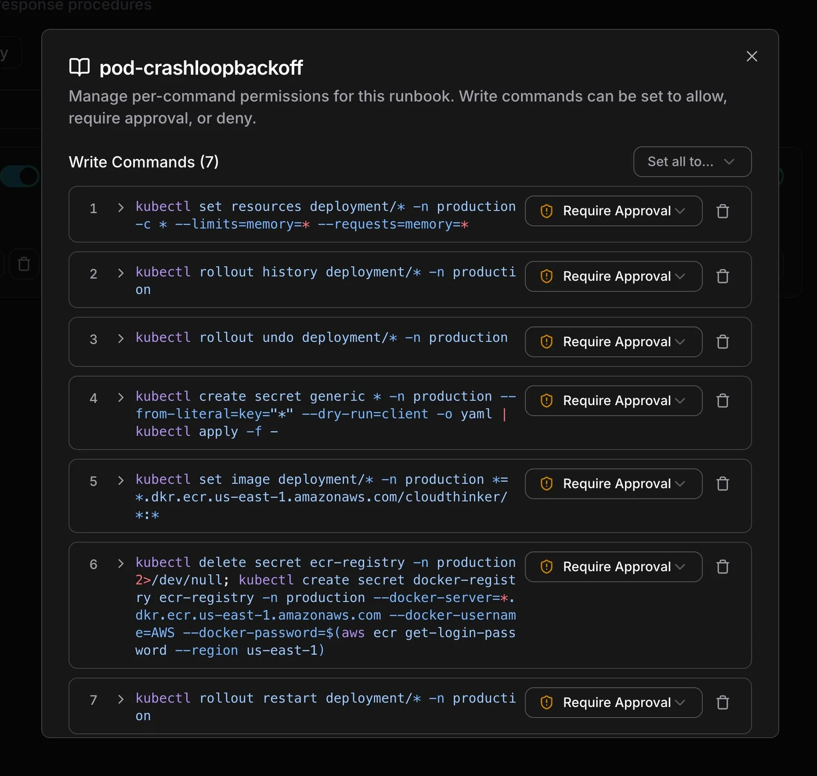 Per-command permissions for a runbook: seven write commands, each set individually to allow, require approval, or deny.