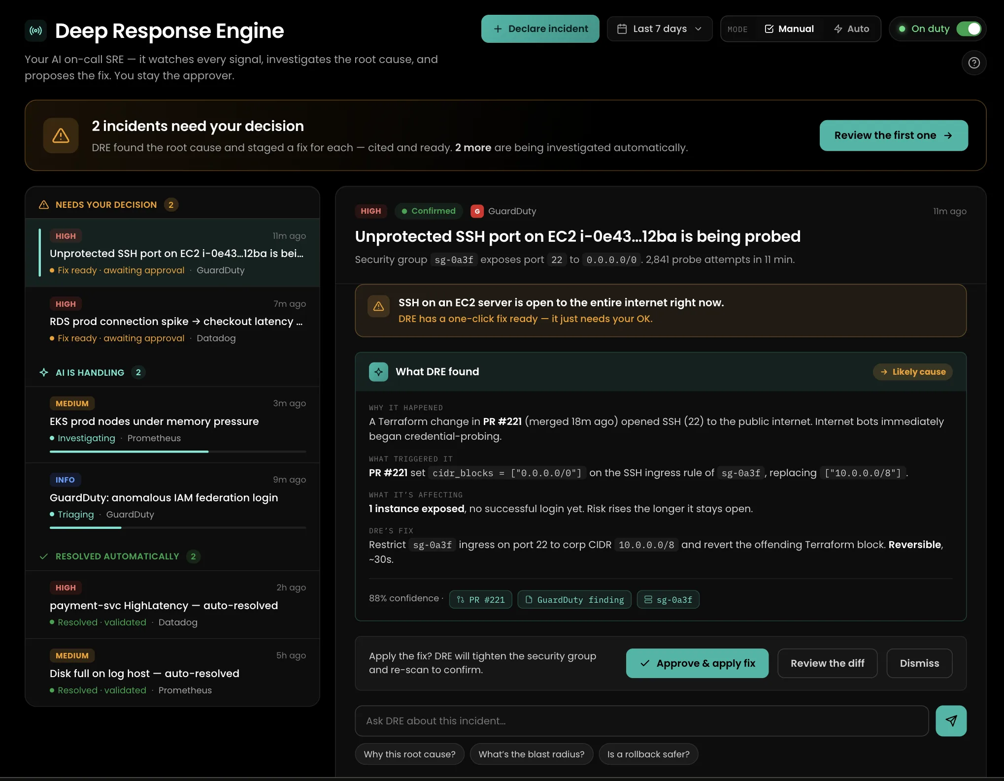Deep Response Engine — incident triage with root cause found, staged fix awaiting one-click approval