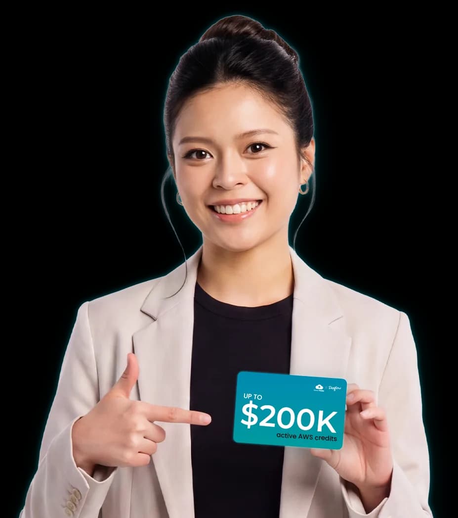 A CloudThinker team member holding a card reading "up to $200K active AWS credits"