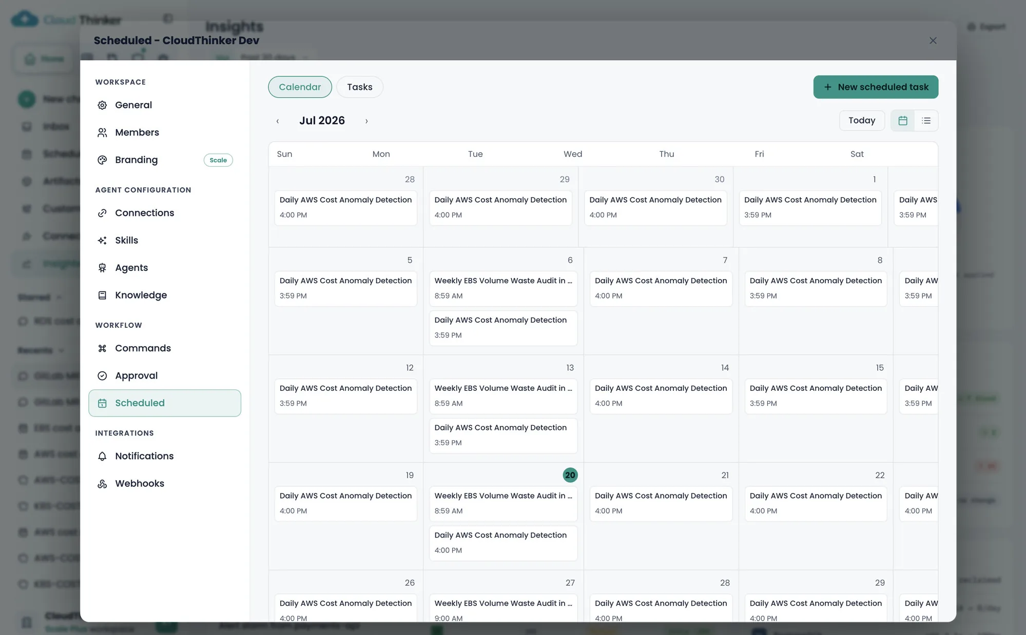 CloudThinker Scheduled — calendar of recurring cost, security, and health tasks running on time