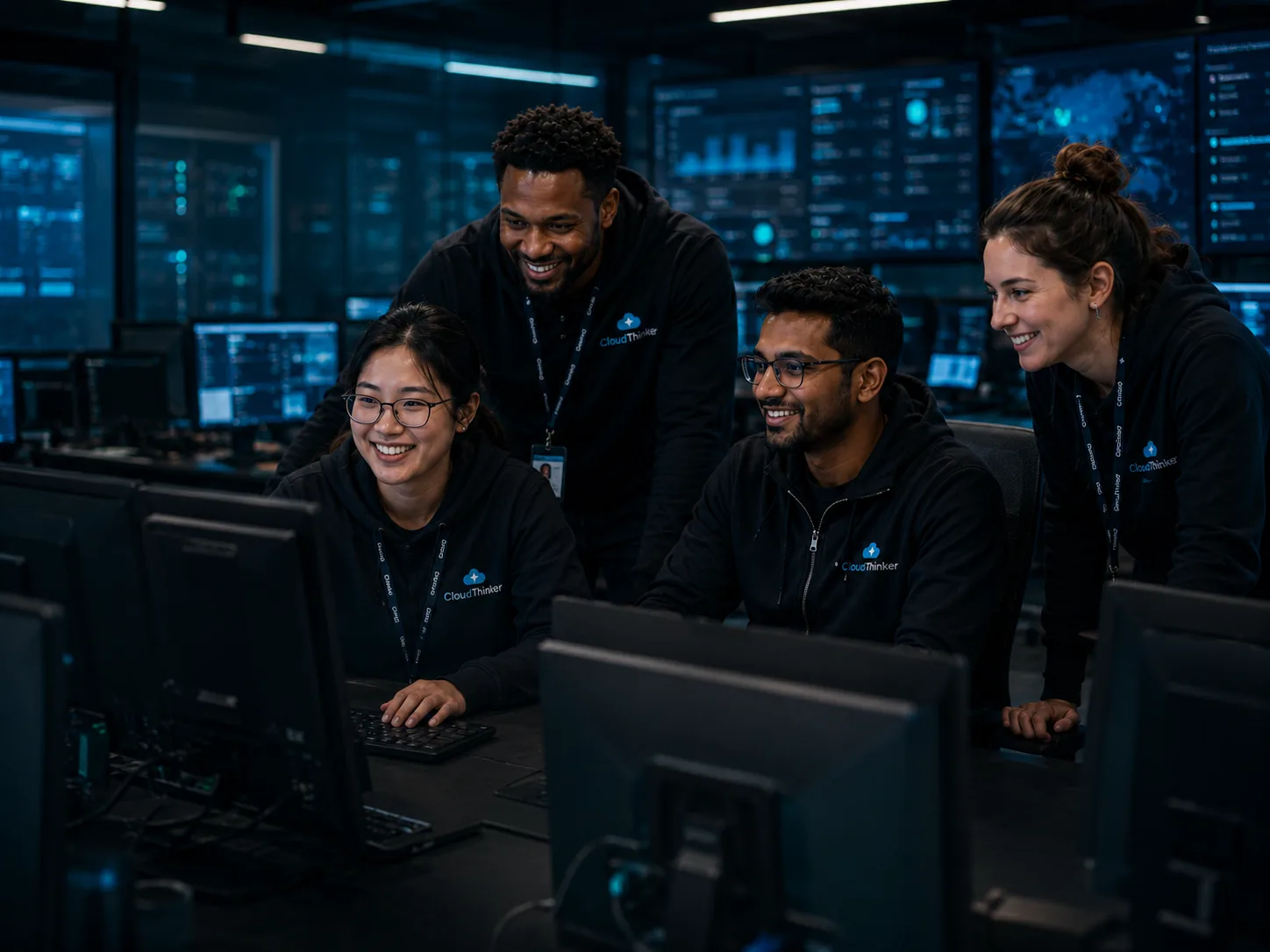CloudThinker operation team — four SRE, Security and DevOps engineers smiling at workstations in a 24/7 network operations center