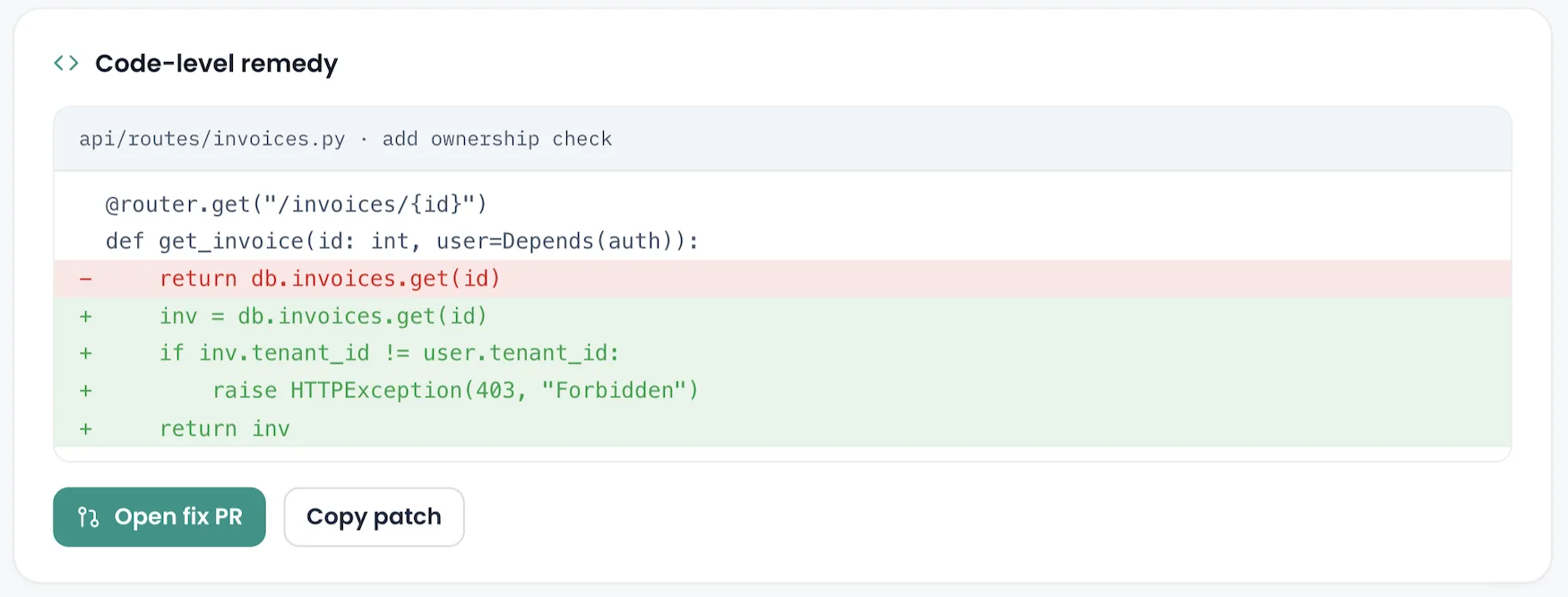 A code-level remedy for the BOLA finding: a diff on api/routes/invoices.py adds an ownership check comparing the invoice tenant to the caller's tenant before returning it, with an Open fix PR button.